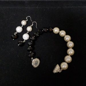 Bracelet & earring set faux pearl and crystal bead